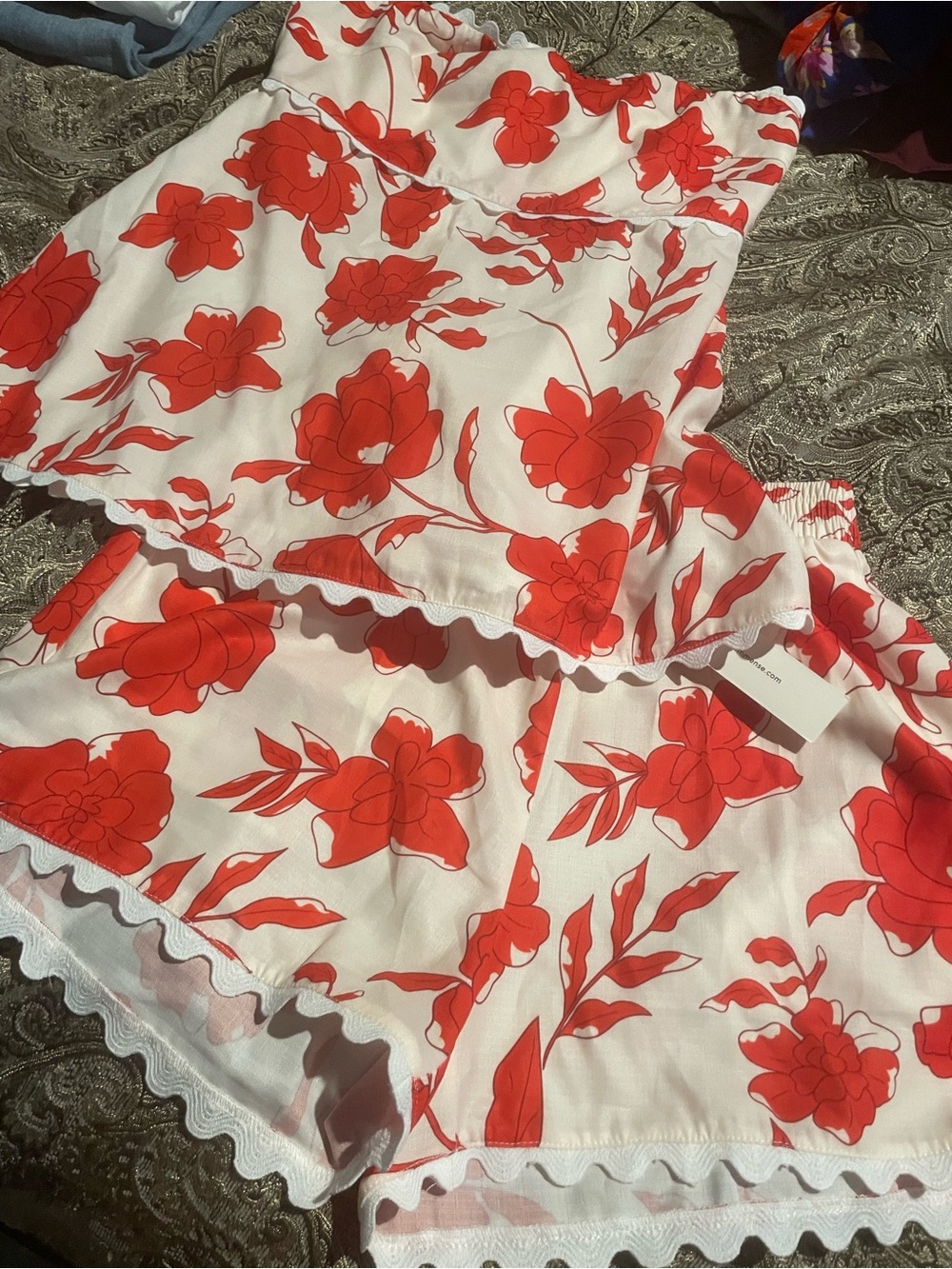 Commense White Strapless Top with Red Floral Print